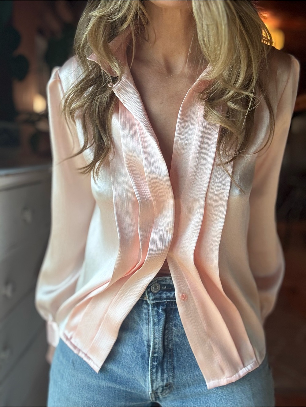 Vintage Silky Pink Pleated Front Women's Blouse